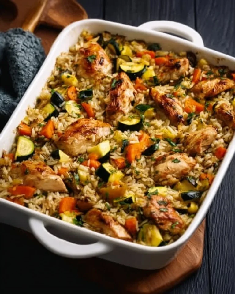 Baked Rice with Chicken and Vegetables served in a dish