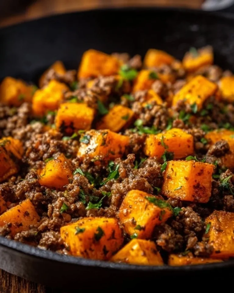 Delicious ground beef and sweet potatoes skillet served in a cast iron pan