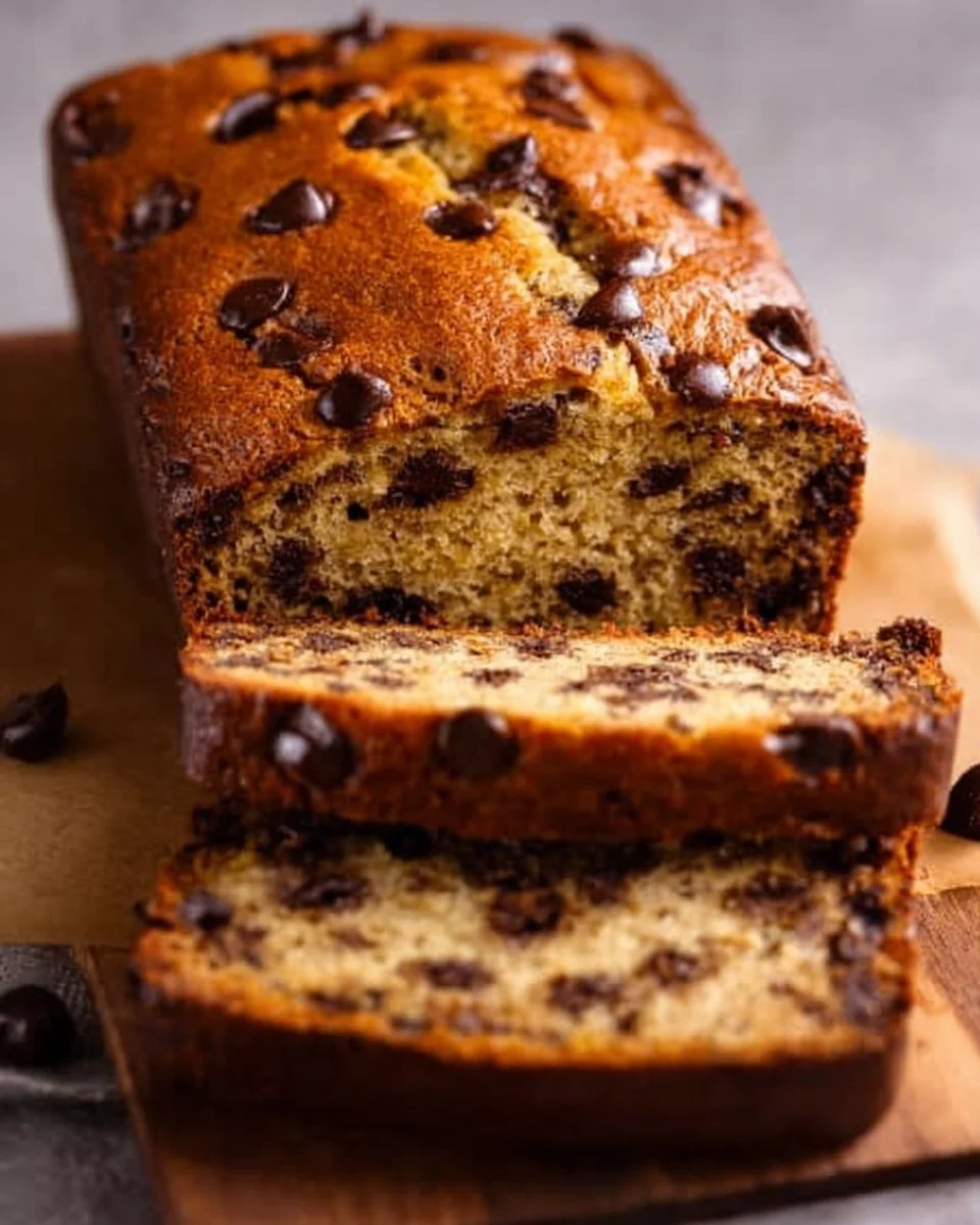 Delicious homemade chocolate chip banana bread with chocolate chunks