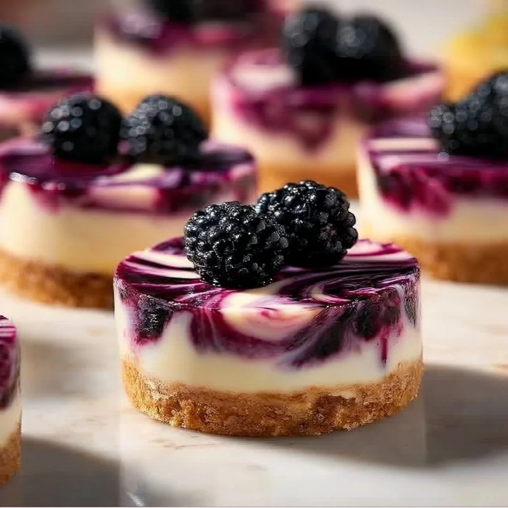 Delicious blackberry mini cheesecakes topped with fresh blackberries.