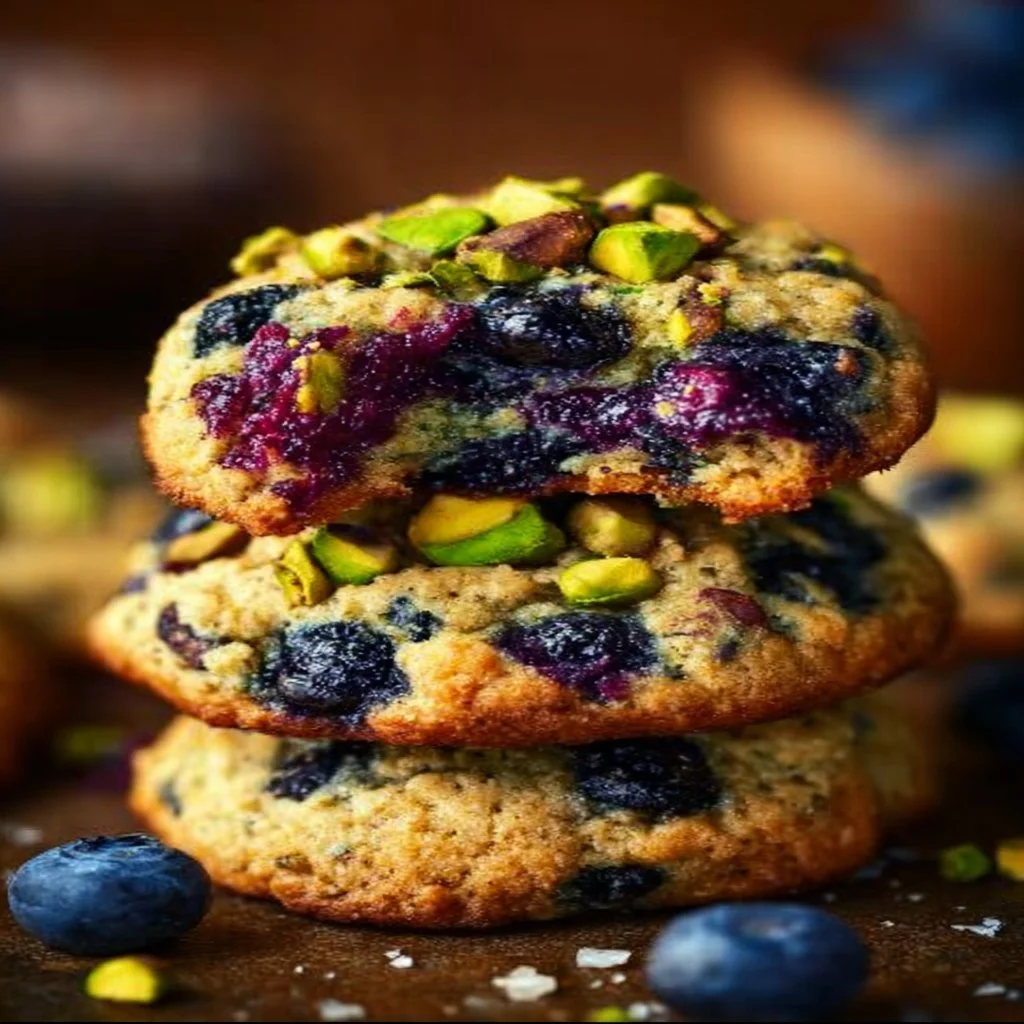 Blueberry pistachio oatmeal cookies on a plate with fresh berries.