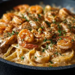 Plate of Cajun Chicken and Shrimp Alfredo topped with parsley
