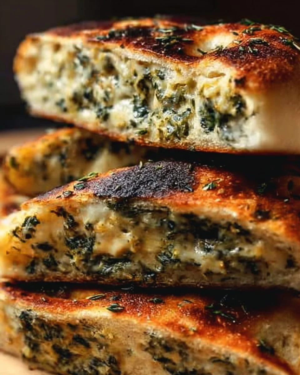 Cheesy spinach stuffed bread fresh out of the oven, golden and delicious.