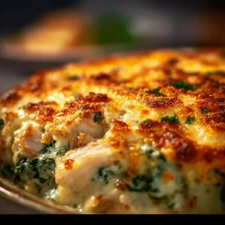 Delicious Chicken Spinach Casserole with Cream Cheese baked to perfection.