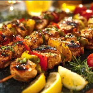 Deliciously marinated chicken kabob skewers ready for the grill