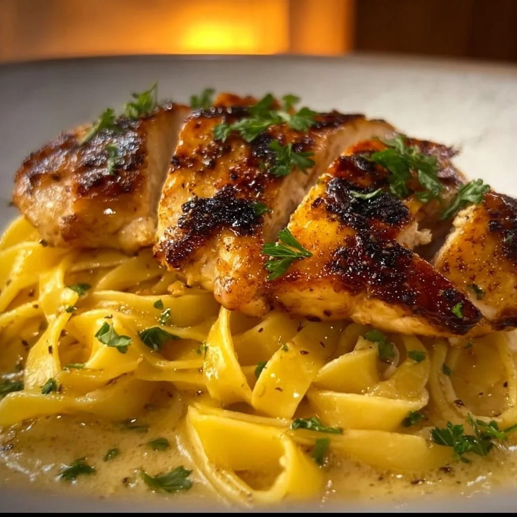 Plate of chicken served with buttered noodles garnished with herbs
