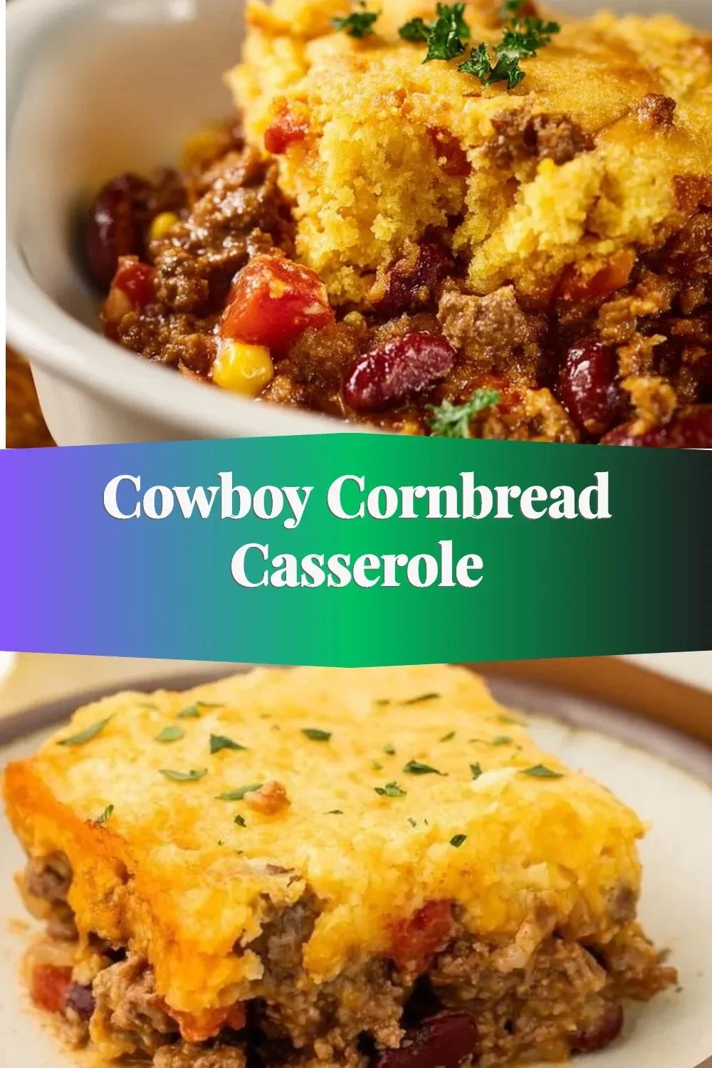 Delicious Cowboy Cornbread Casserole topped with cornbread and hearty fillings