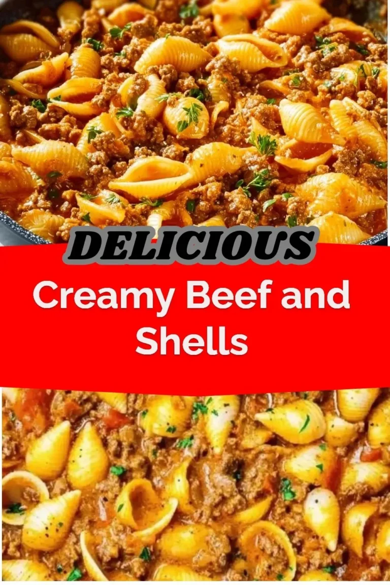 Creamy beef and shells served in a bowl, topped with parsley.