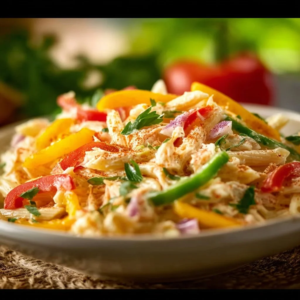 Creamy Cajun crab pasta salad with fresh ingredients and spices