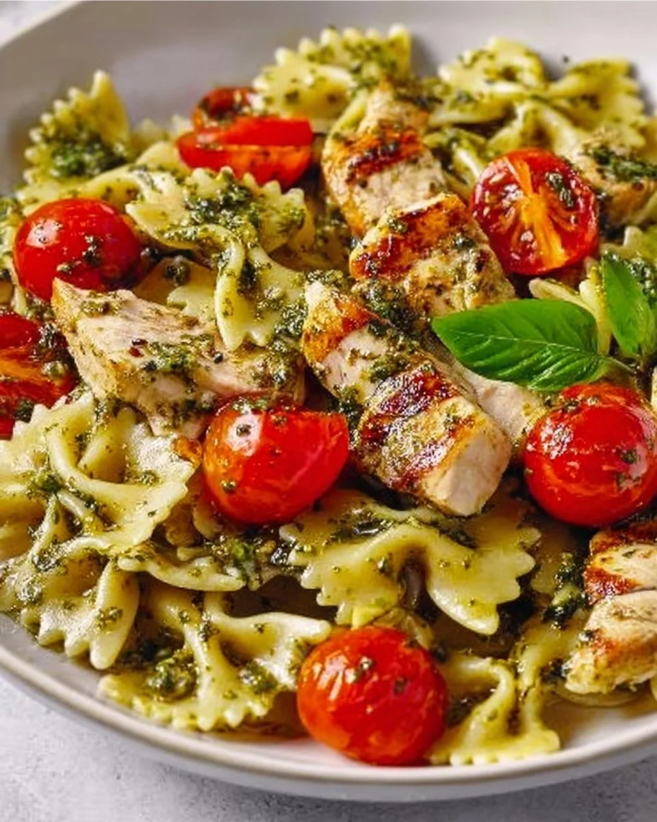 Creamy chicken pesto pasta dish served in a bowl with fresh basil.