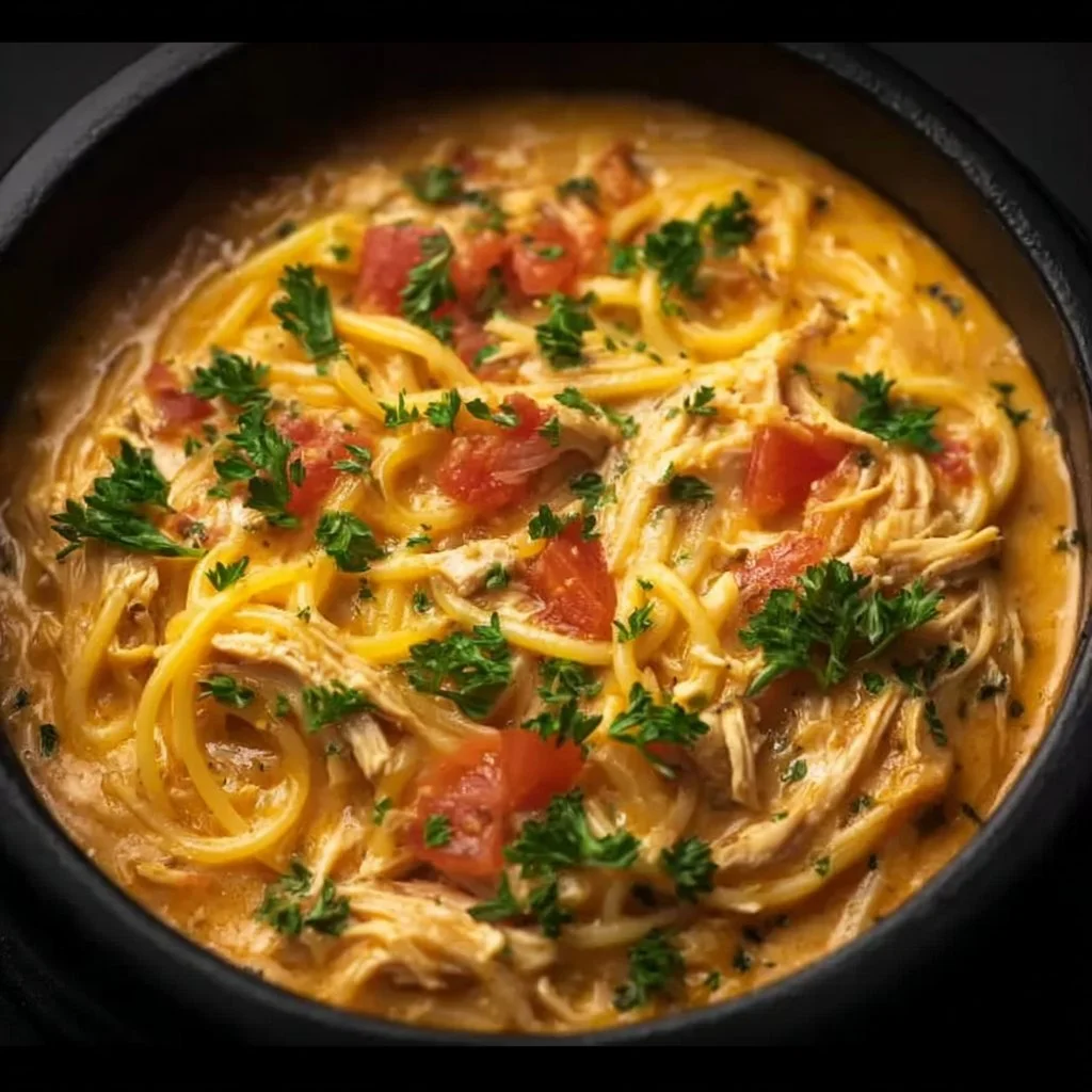 Crockpot Cheesy Chicken Spaghetti served in a bowl with herbs