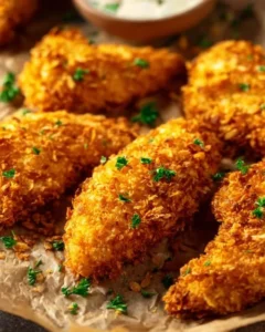 Crispy cornflake chicken tenders served with dipping sauce