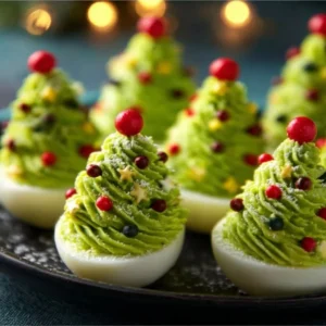 Plate of deviled egg Christmas trees decorated with herbs and red peppers
