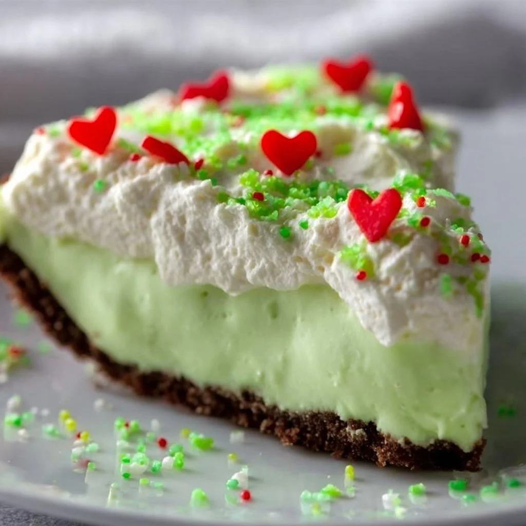 Delicious no bake Grinch Pie decorated for festive celebrations