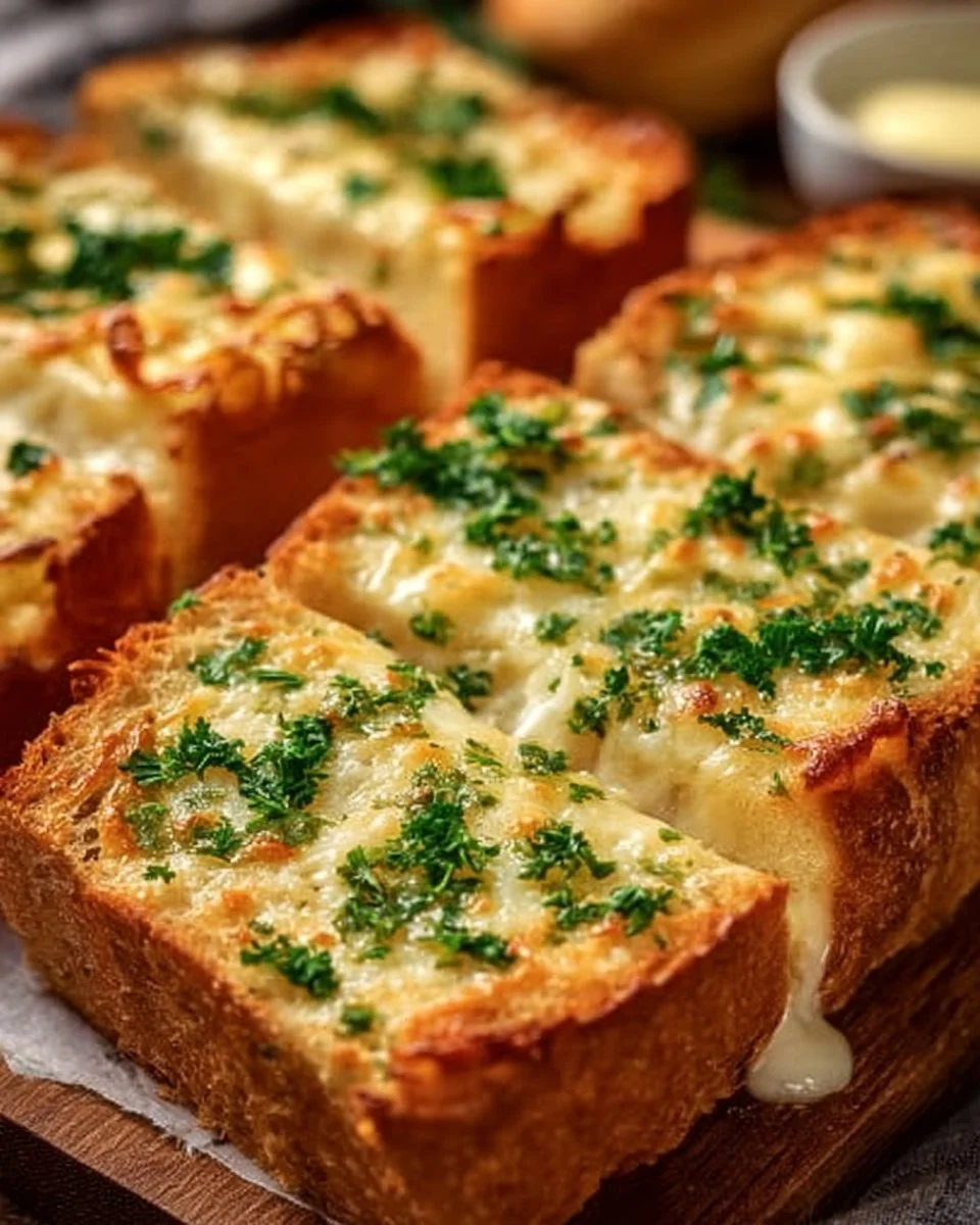 Delicious Easy Cheesy Garlic Bread topped with melted cheese and herbs