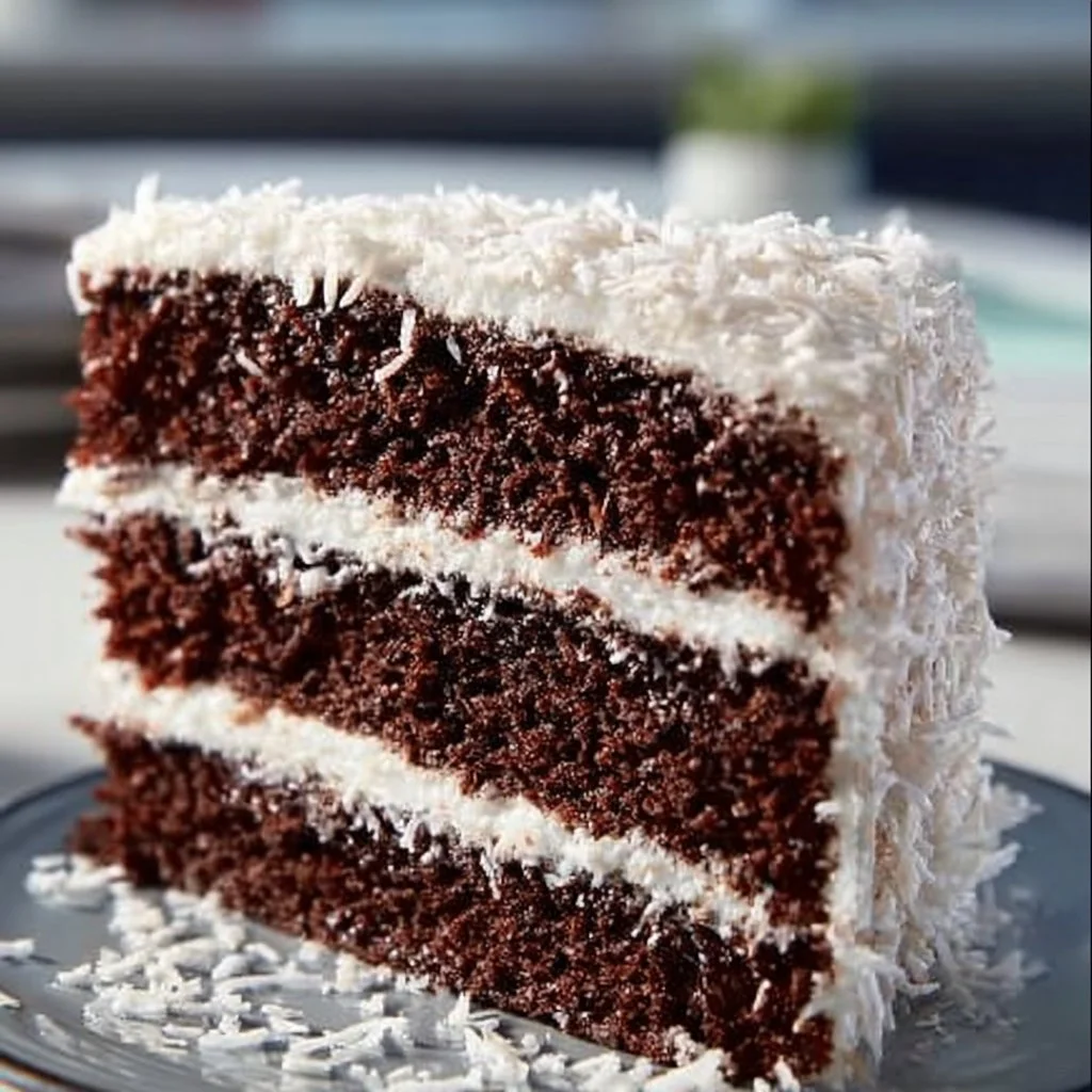 Delicious homemade Chocolate Coconut Cake topped with coconut flakes.