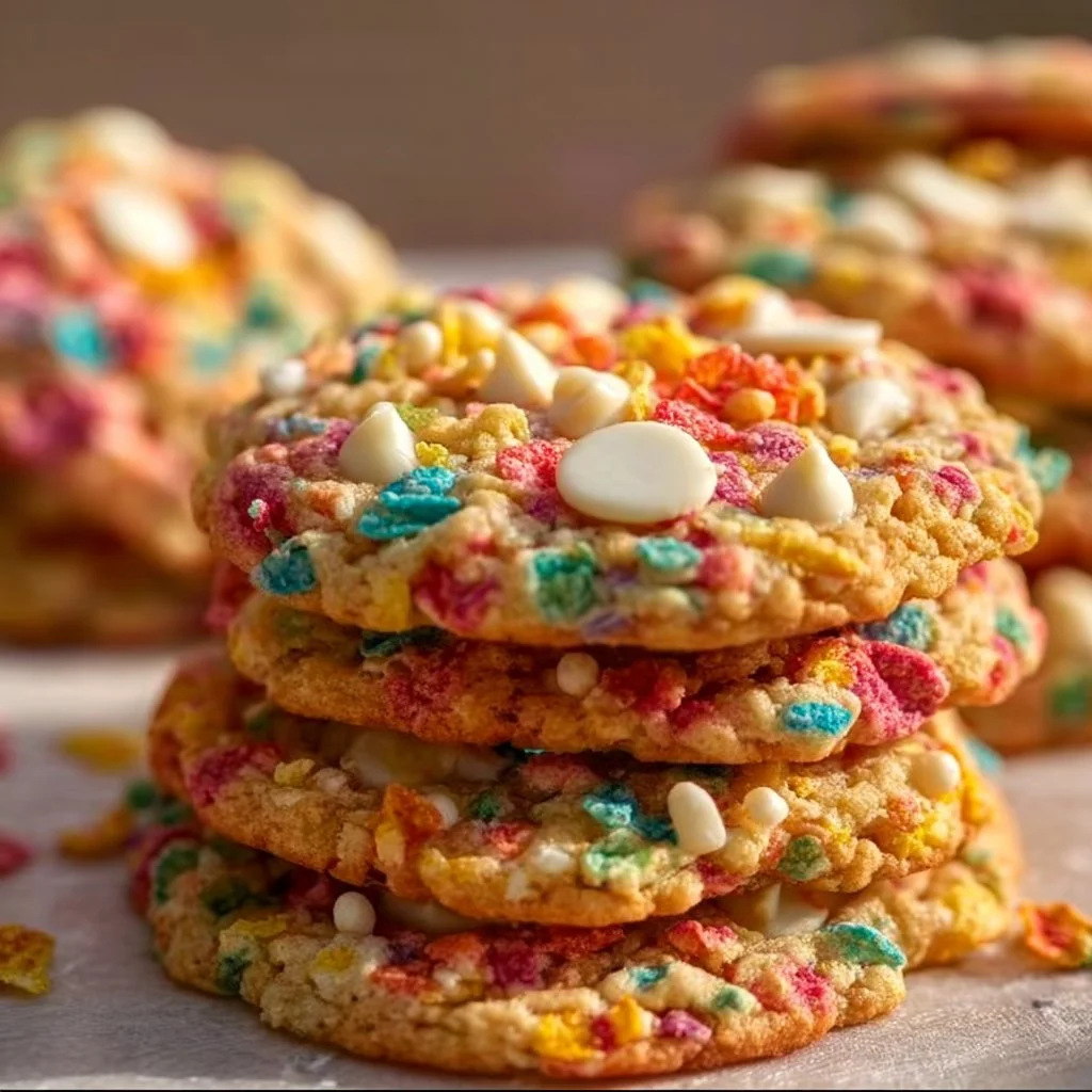 Freshly baked Fruity Pebbles Cookies with colorful cereal topping