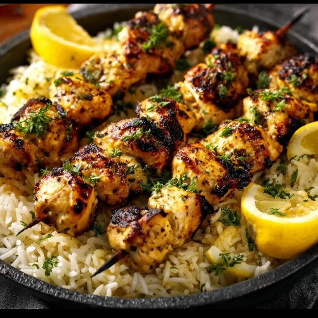 Greek chicken skewers with lemon rice served on a plate