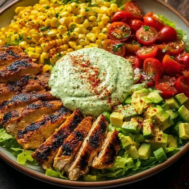 Delicious grilled chicken avocado salad with fresh vegetables and dressing
