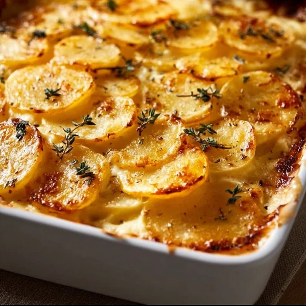 Delicious Gruyère Potatoes Au Gratin topped with melted cheese
