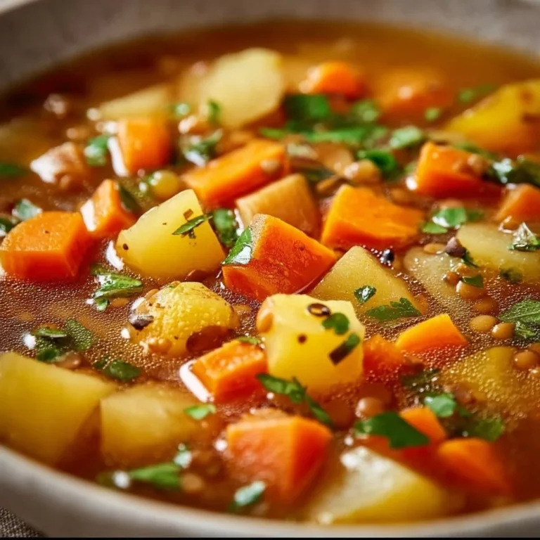 Bowl of hearty lentil and potato soup garnished with herbs