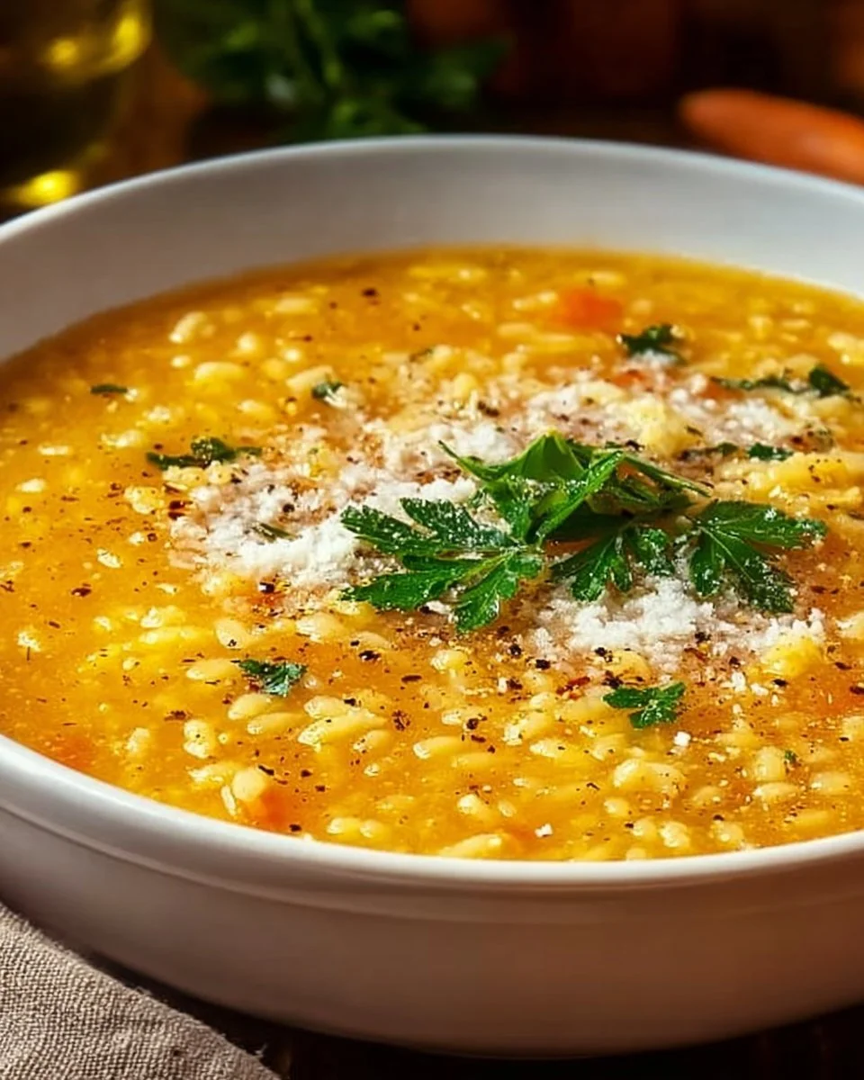 Bowl of Italian Pastina Soup garnished with fresh herbs