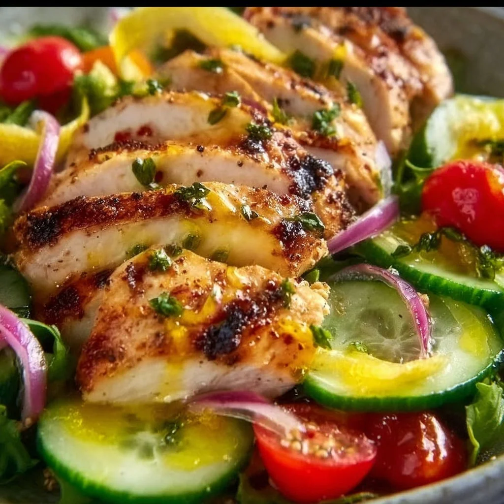 Fresh lemon chicken salad garnished with herbs and veggies