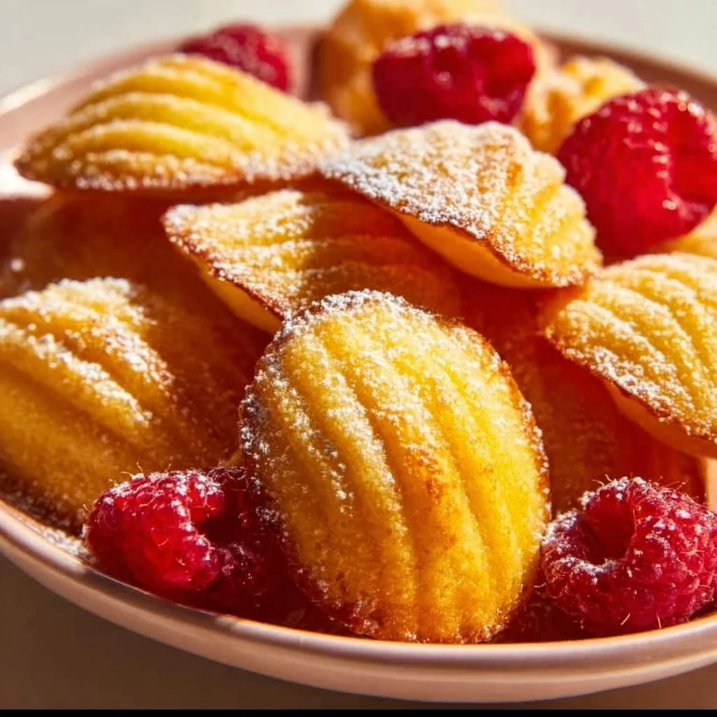 Freshly baked lemon raspberry madeleines on a plate