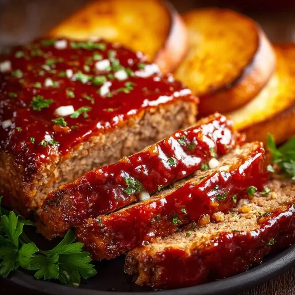 Delicious Lipton onion soup meatloaf served with mashed potatoes and green beans.