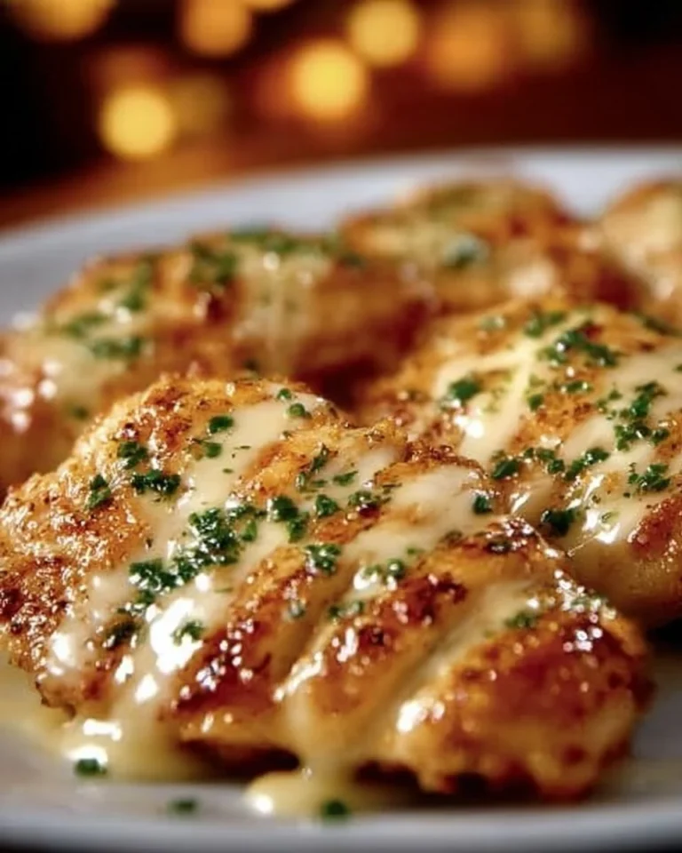 Plate of Longhorn Steakhouse Parmesan Chicken garnished with herbs