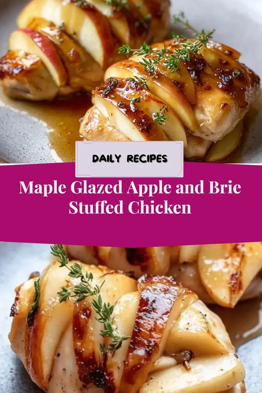Maple glazed apple and brie stuffed chicken breast on a plate.