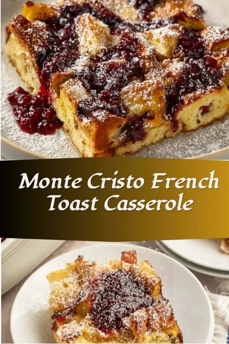 Delicious Monte Cristo French Toast Casserole topped with syrup and berries