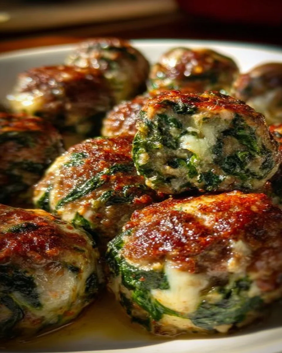 Mozzarella stuffed spinach garlic meatballs on a plate