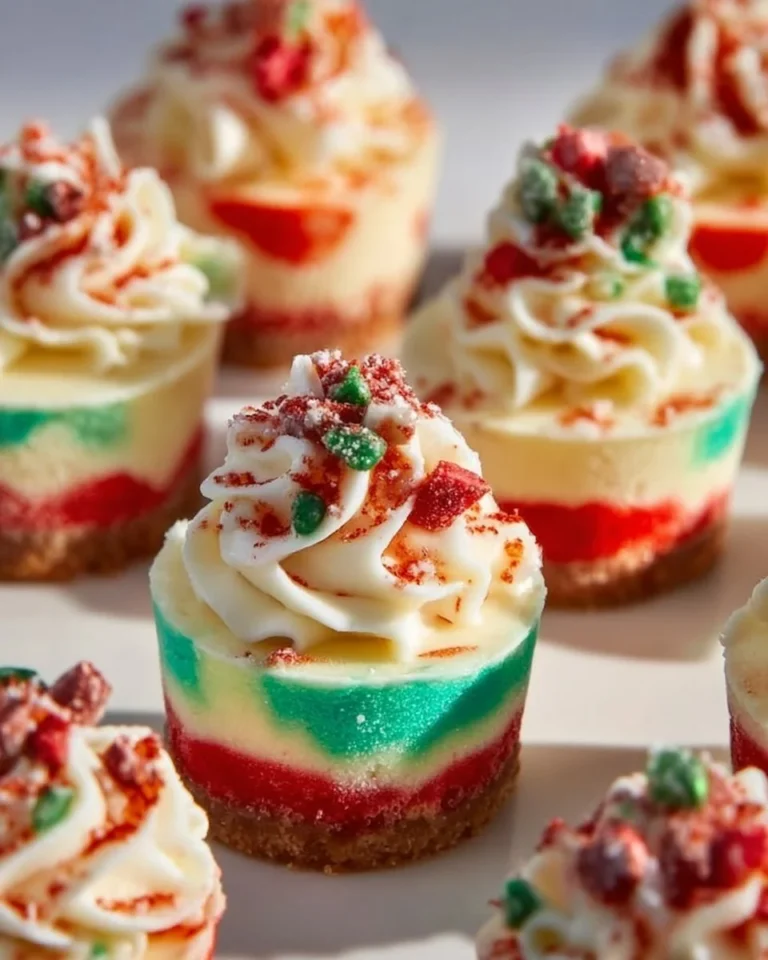 Delicious no-bake Christmas mini cheesecakes decorated with festive toppings