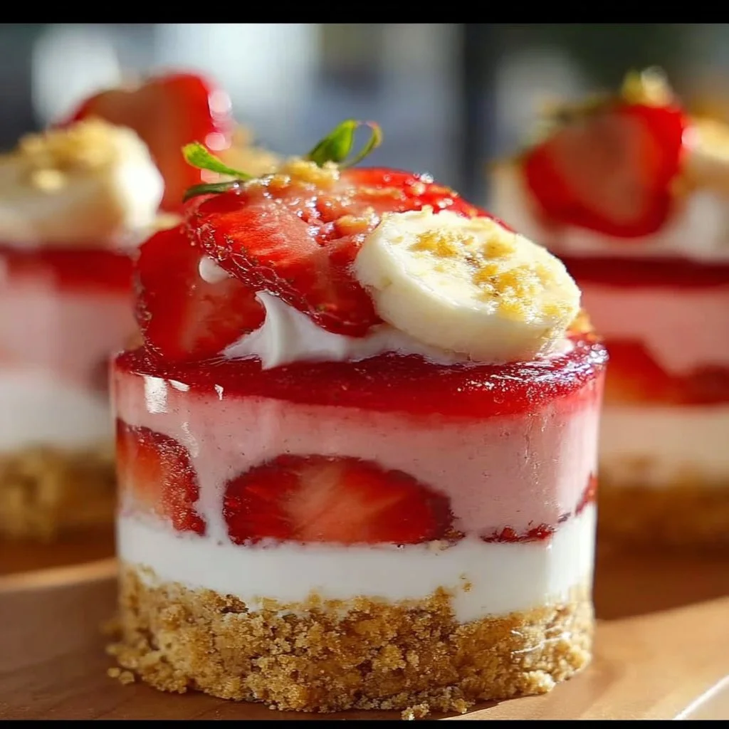 No-bake mini strawberry banana cheesecake with a crunchy topping