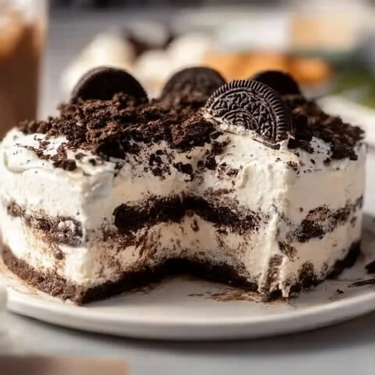 No-Bake Oreo Ice Cream Cake topped with whipped cream and crushed Oreos