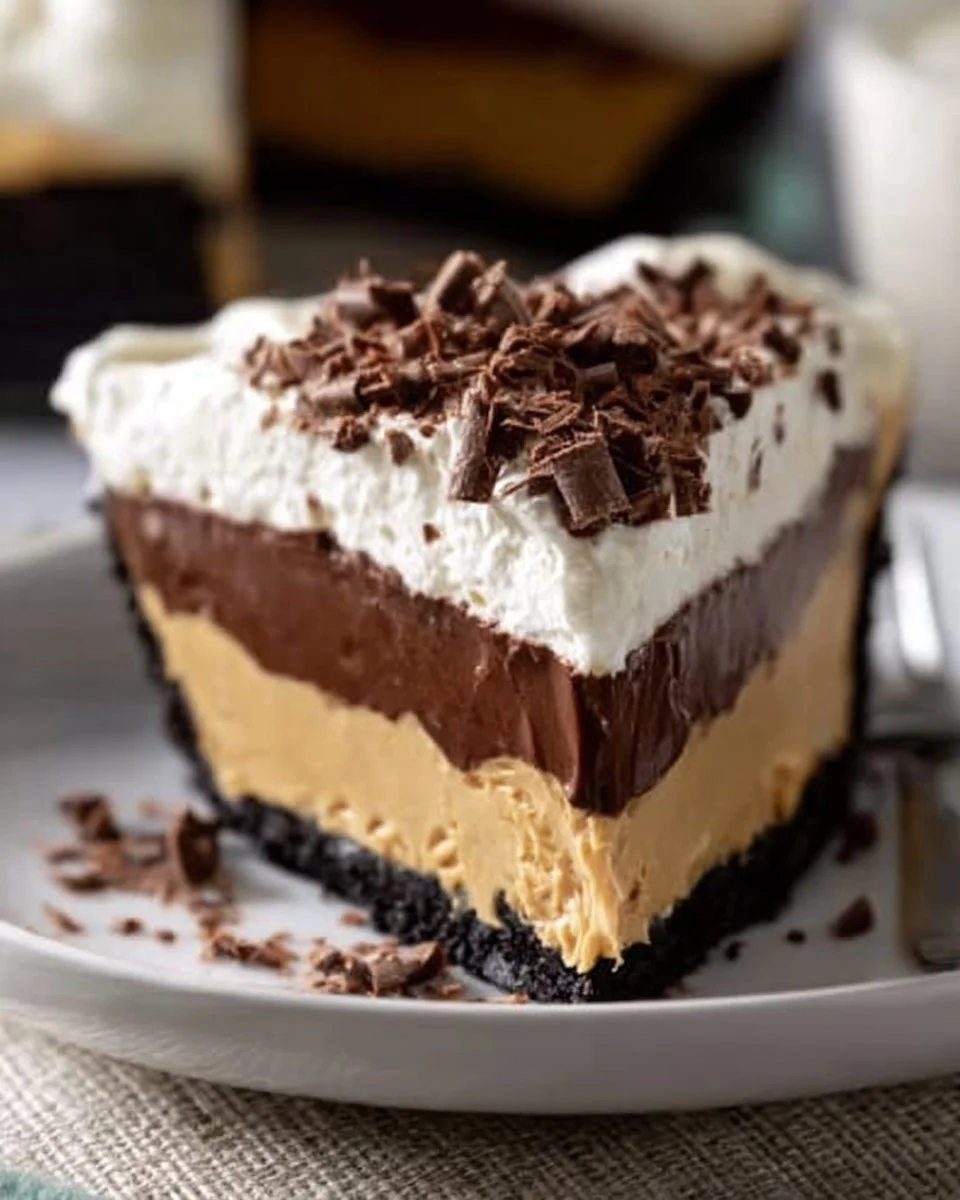 Delicious no bake peanut butter pie topped with chocolate and whipped cream.