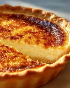 A slice of old-fashioned egg custard pie on a rustic wooden table