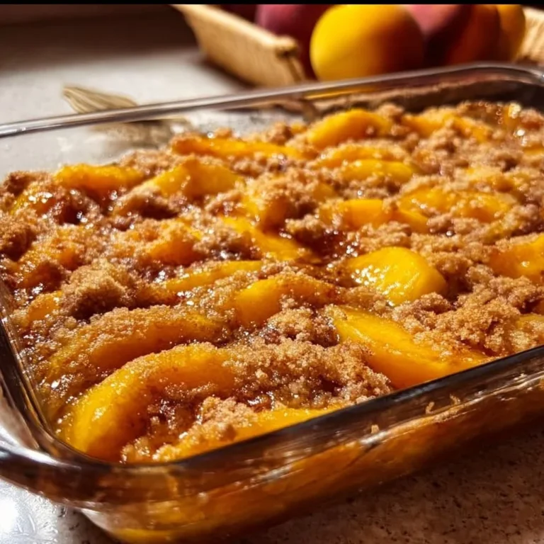 Slice of old-fashioned peach cobbler with a golden crust and fresh peaches