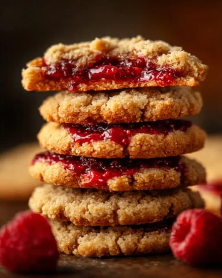Freshly baked raspberry crumble cookies with a buttery topping and raspberry filling.