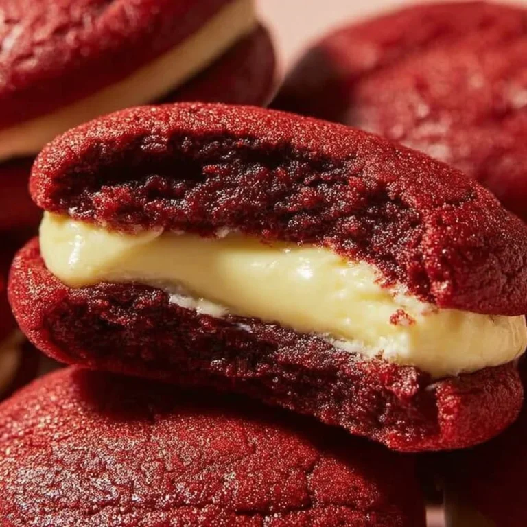 Red velvet cheesecake cookies on a plate, showcasing the creamy filling inside.