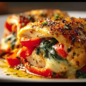 Roasted red pepper stuffed chicken garnished and ready to serve