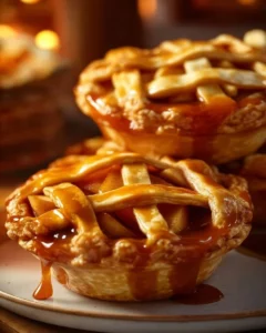 Delicious salted caramel apple mini pies with a flaky crust and caramel drizzle.