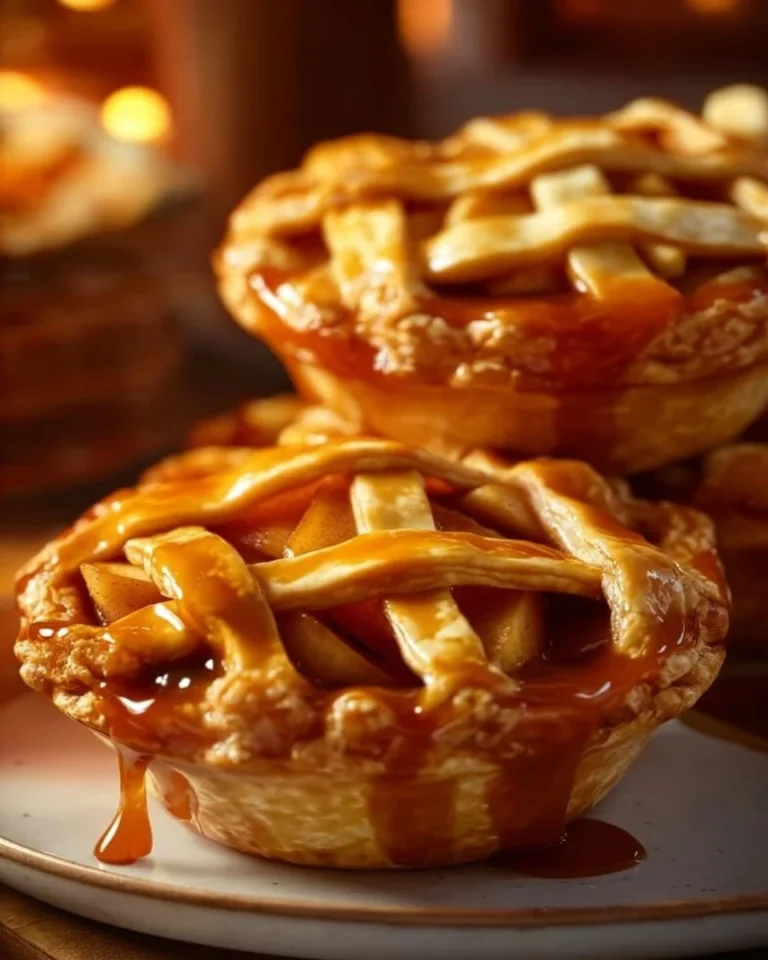 Delicious salted caramel apple mini pies with a flaky crust and caramel drizzle.