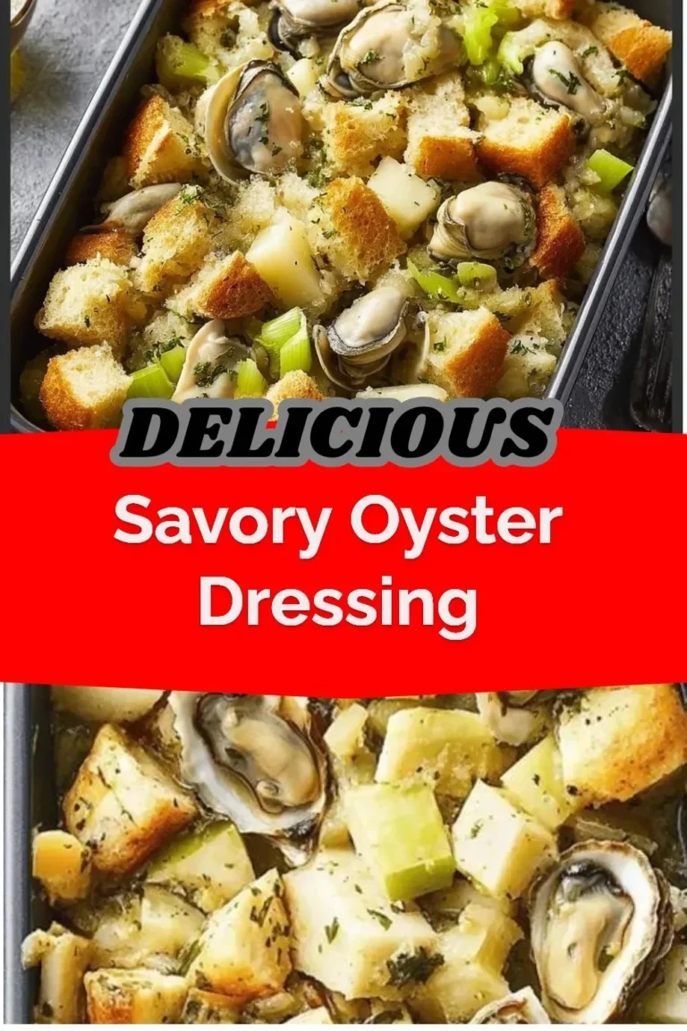 Savory oyster dressing served in a bowl with fresh herbs and spices.
