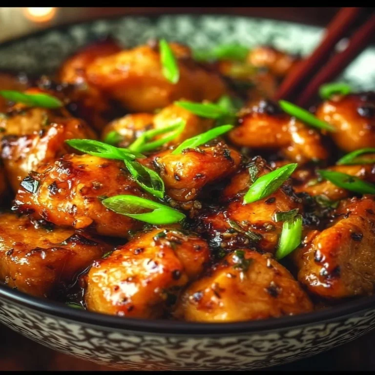 Plate of scallion chicken garnished with fresh scallions and served with rice