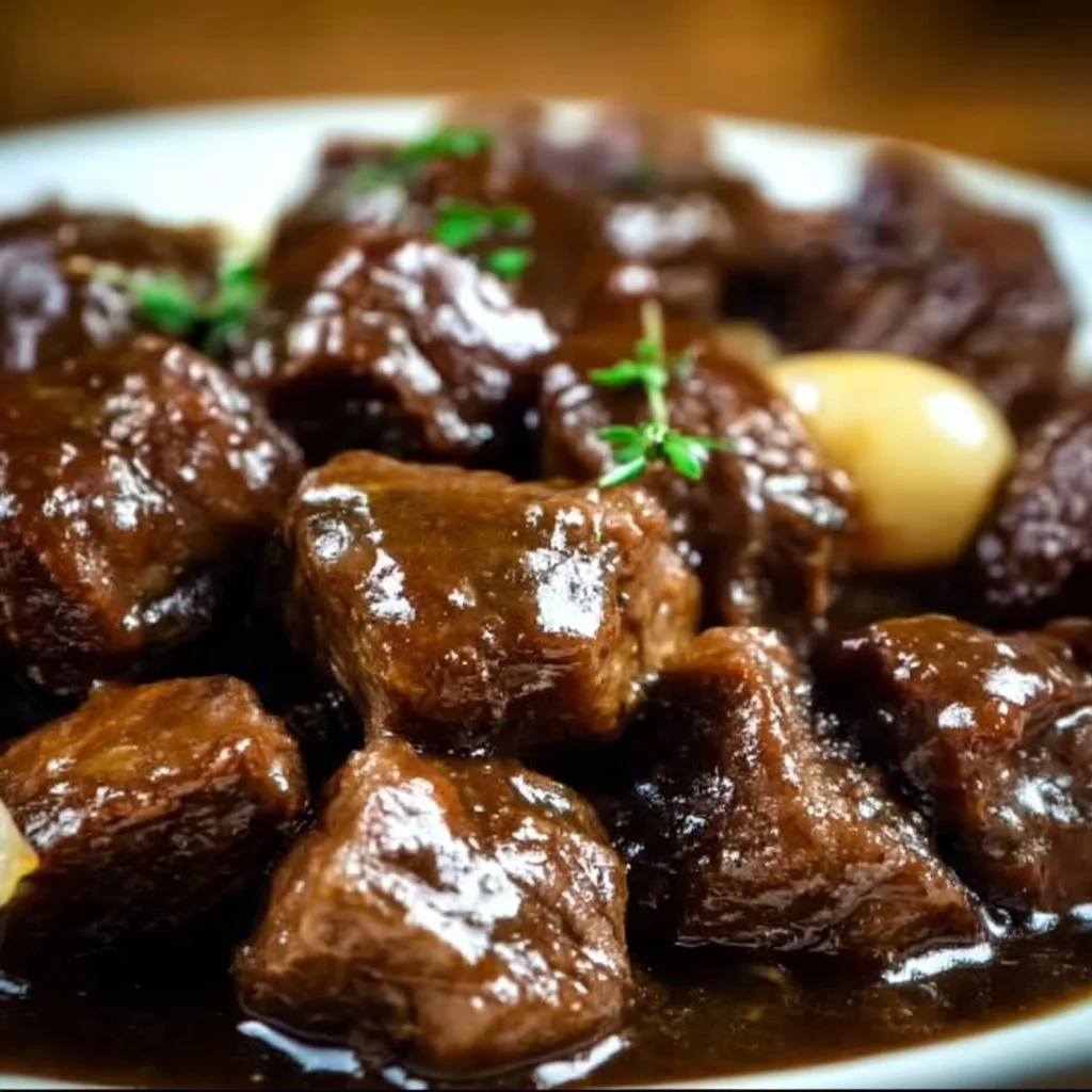 Slow-cooked beef in onion sauce served in a rustic bowl