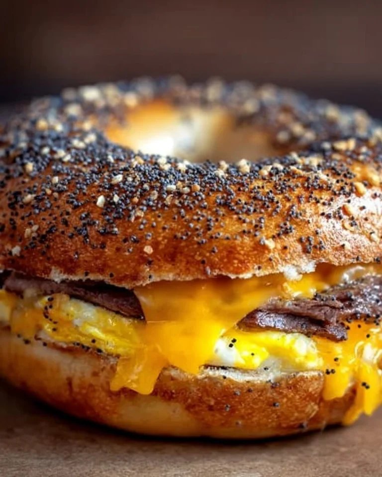 A delicious Steak Egg Cheese Bagel with melted cheese, fresh egg, and tender steak on a toasted bagel.