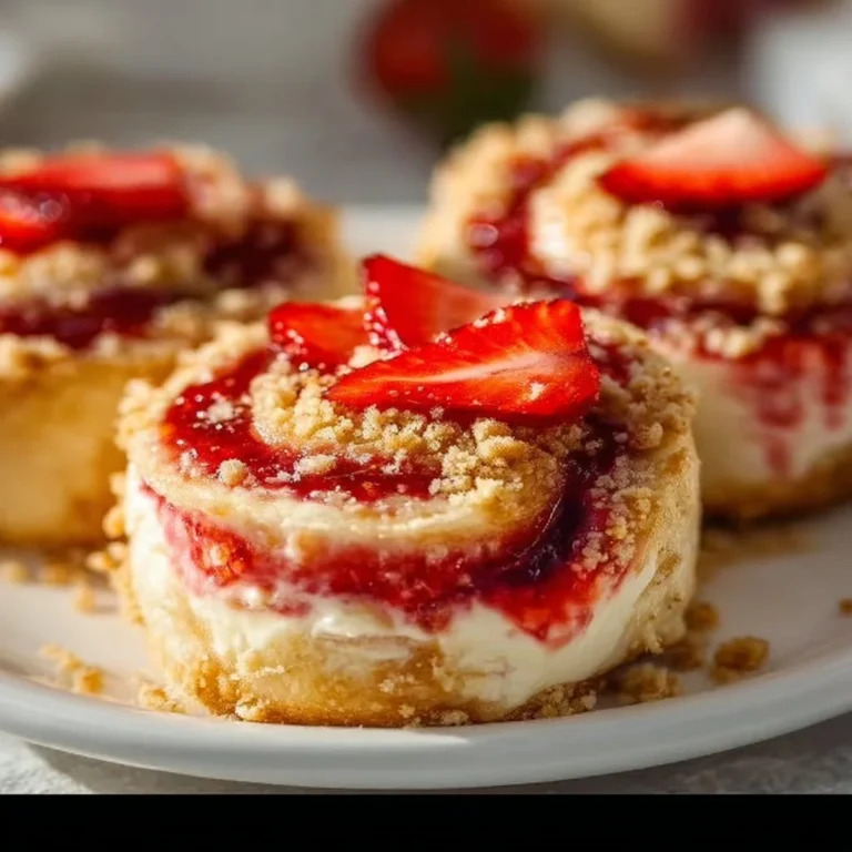 Delicious strawberry cream cheese crumble rolls on a wooden background
