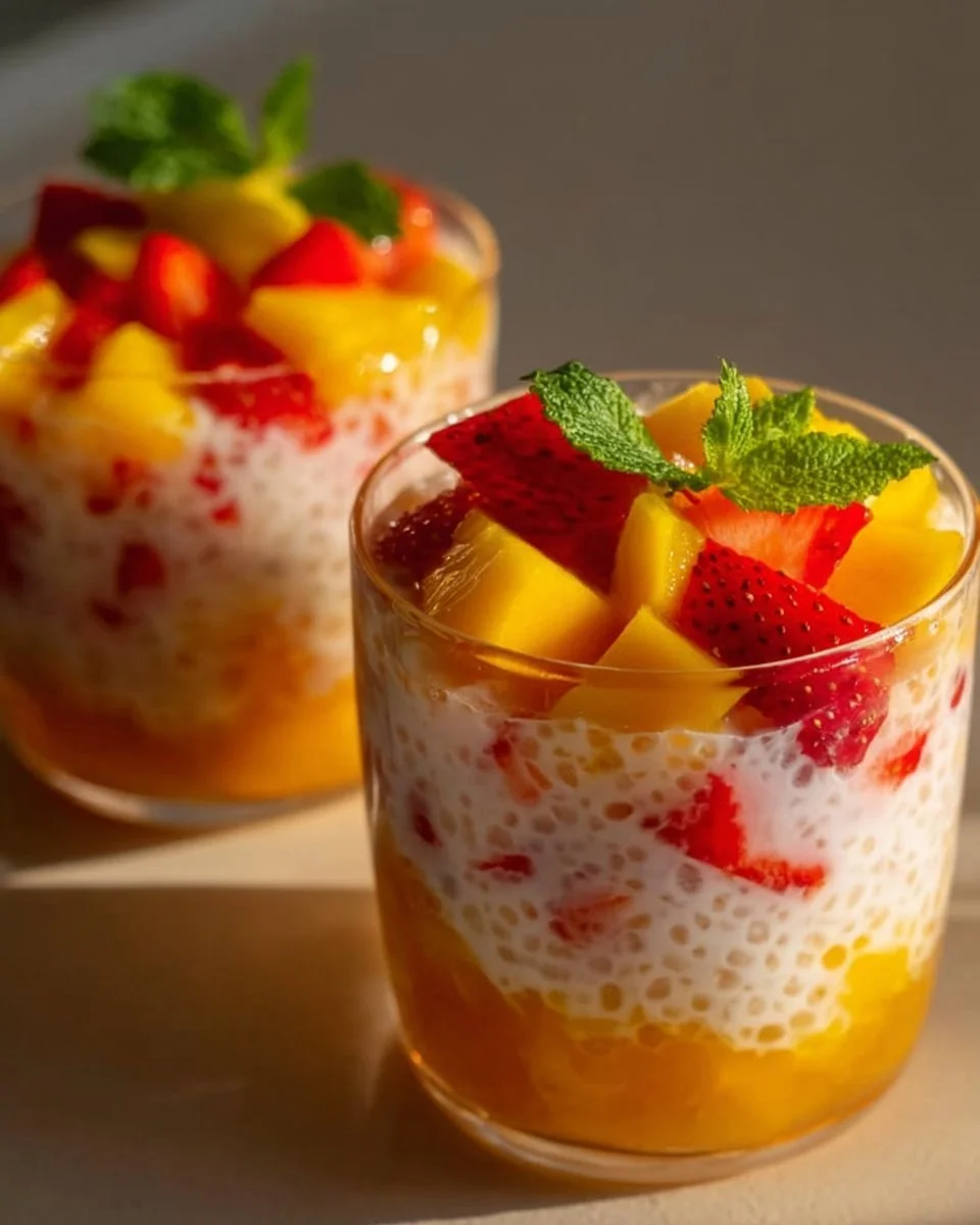 Delicious Strawberry Mango Sago dessert served in a glass, garnished with fresh fruit.